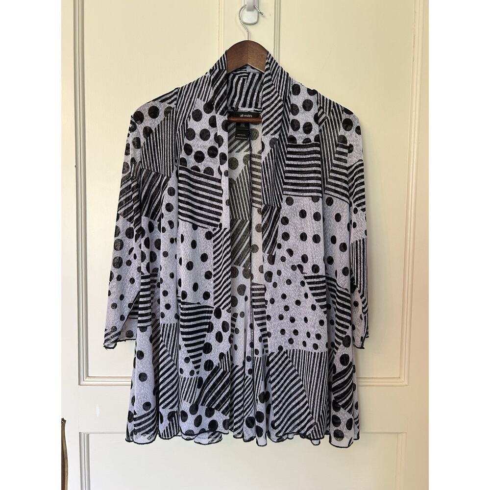 Ali Miles Mesh Sheer Polka Dot Striped Cardigan Womens Size PM Black White